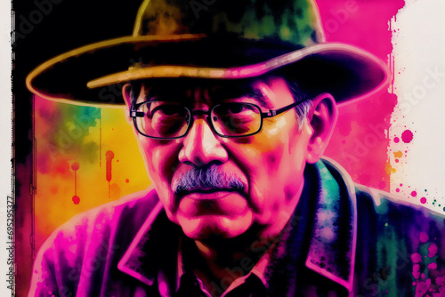 An illustration of An old asian man. Silhouette. Watercolor paint. Generative AI