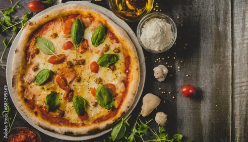 Copy Space image of Pizza Margherita on wooden background, Pizza Margarita with Tomatoes,