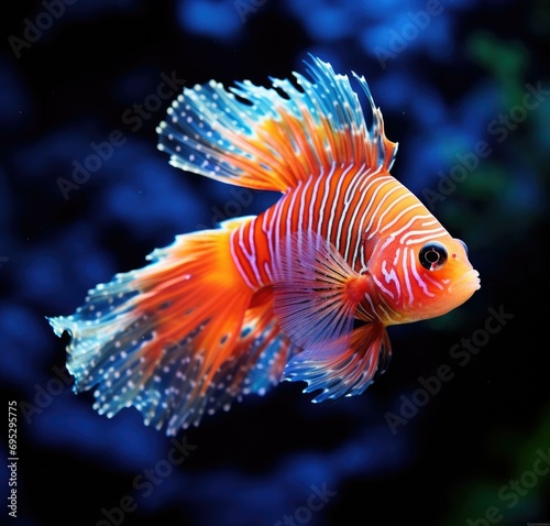 A vibrant red and orange fish gracefully swims in an aquarium. Generative AI.