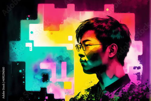 An illustration of a young asian man. Silhouette. Watercolor paint. Generative AI