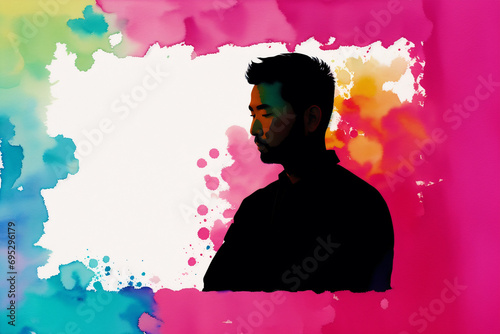 An illustration of a young asian man. Silhouette. Watercolor paint. Generative AI