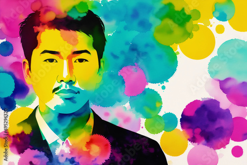 An illustration of a young asian man. Silhouette. Watercolor paint. Generative AI