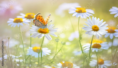 Beautiful butterfly on a daisy flower in nature outdoors close up macro in spring or summer. © Laura Pashkevich