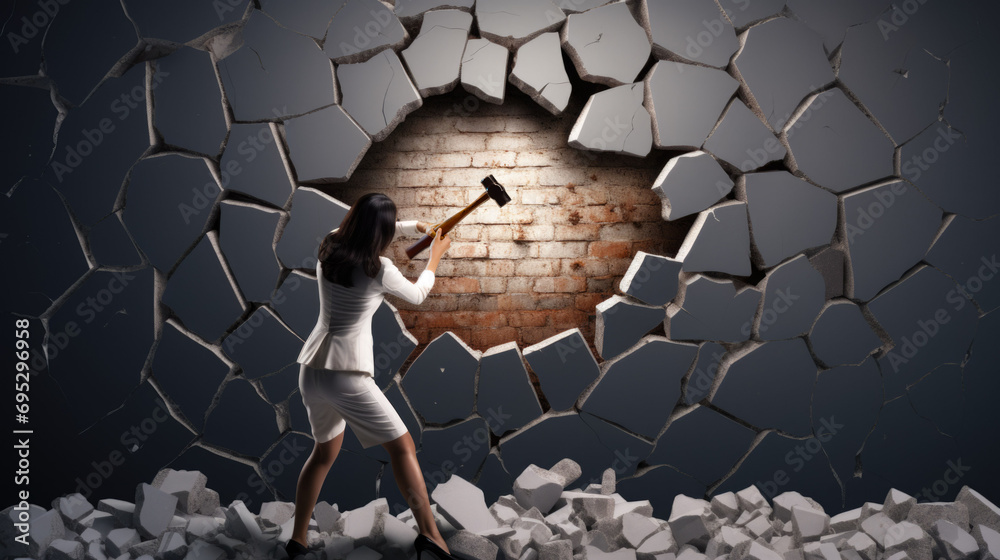Rear view of a business woman in suit breaking wall with a hammer and making big hole on a concrete wall - obrazy, fototapety, plakaty 