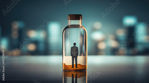 Rear view of business man trapped in a glass bottle on a blurred city background photo