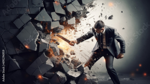 Business man in suit breaking a concrete wall with a hammer photo
