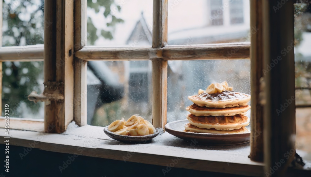 Copy Space image through windows of Belgian waffles with berries and powdered sugar in a white plate on a dark wooden