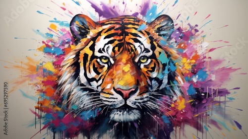 colorful oil painting of a close-up tiger face