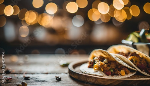 Copy Space image of Burrito wraps from fillet grilled chicken  pickles  tomatoes and cheese on night bokeh street background