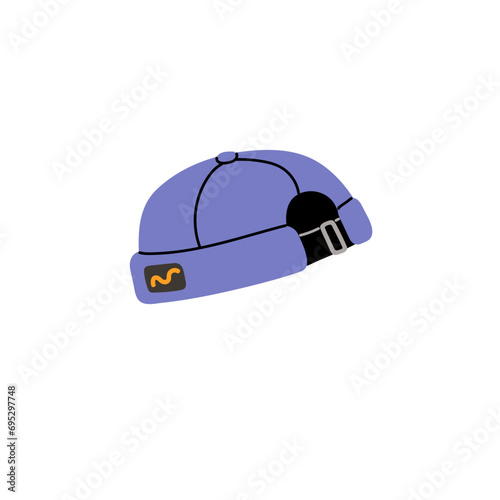 Cute beanie docker hat. Funny baseball cap without peak. Stylish small round headwear with clasp. Fashionable unisex head accessory, clothes. Flat isolated vector illustration on white background