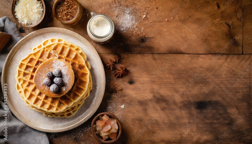 Copy Space image of Freshly made belgian waffles with honey flows and powdered sugar. Copy Space image of Freshly made belgian waffles with honey flows and powdered sugar.