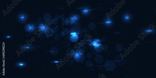 Vector illustration of futuristic digital technology background.Horizontal digital space with tech hexagonal connecting network for advertising and game graphic artwork.