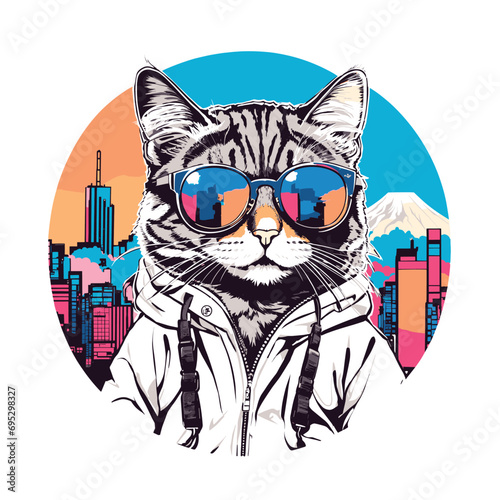 city downtown cat wearing sunglasses Vector graphic for t-shirt prints, posters, POD