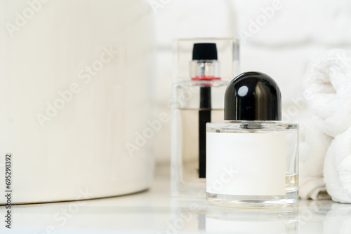 Perfume bottle in a modern bathroom close up