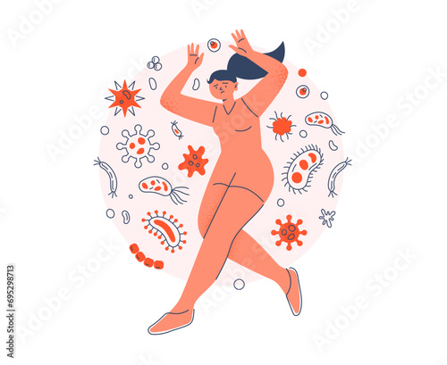 Poor protection against viruses and bacteria. A woman is not protected from viruses, germs, and bacteria. Vector flat illustration on the white background. attack