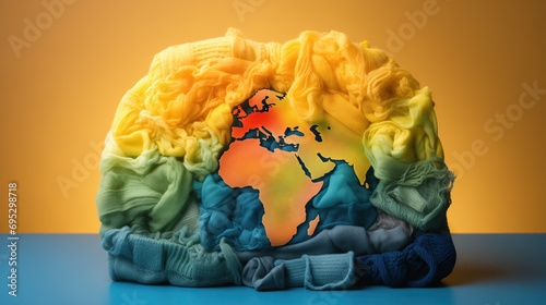 Colorful world map surrounded by fabrics. Concept of recycling, ecology and global environment