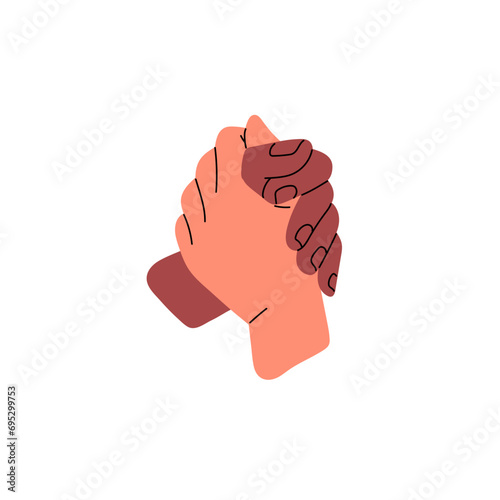 Two hands touch together. Friends handshake, bros greeting. Trust, support gesture. Interracial friendship, partnership, teamwork concept. Flat isolated vector illustration on white background