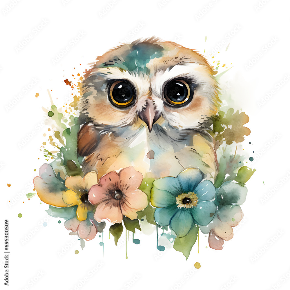 Obraz premium Cute cartoon watercolor owl with flowers on a transparent background