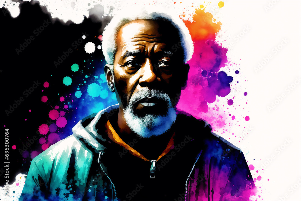 Black History month. An illustration of an old black man. Silhouette. Watercolor paint. Generative AI