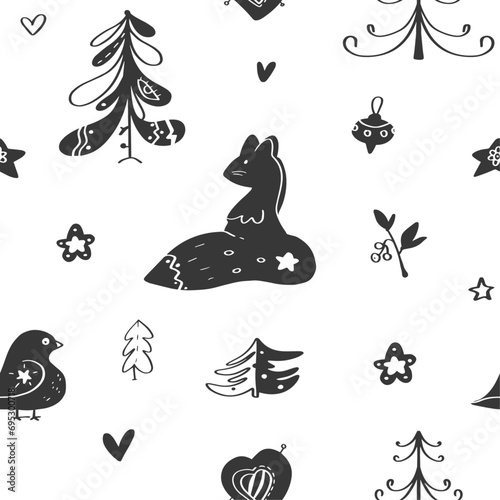 Seamless vector simple Christmas or New Year pattern, dark grey doodle elements on a white background.