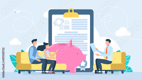 A couple with a mortgage loan. Retirement plan strategy for people vector illustration. Piggy bank and contracts managing finances. Financial planning, pension, banking concept. Vector illustration