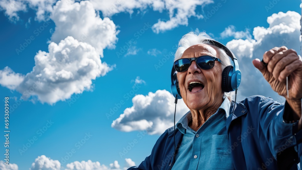 An elderly man with headphones on the background of the sky An elderly man with headphones on the background of the sky