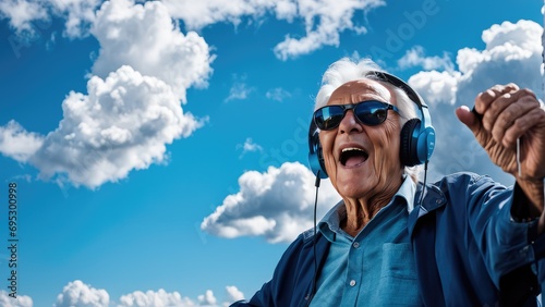 An elderly man with headphones on the background of the sky © poto8313