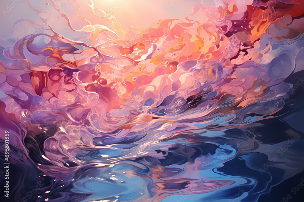 A serene pool of pastel liquid colors, gently rippling and reflecting soft light, creating a soothing and tranquil atmosphere