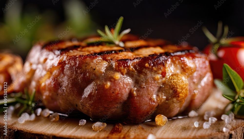 Copy Space image with close up of barbecue ribs on cutting board over wooden table.