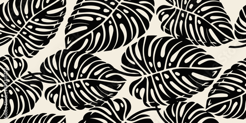 Monstera leaf seamless pattern. Hand drawn tropical leaves. Modern print in black and white color. natural ornaments for textile, fabric, wallpaper, home decor, background.