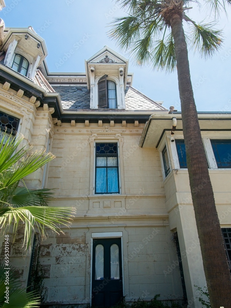 Detail view of historic building with roof turrets, palm trees, in Galveston, Texas.