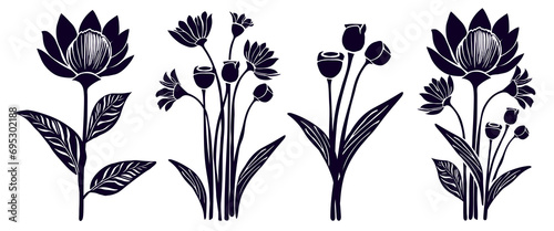 Set of beautifull silhouette flower in linocut style.