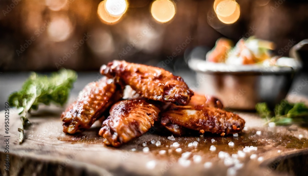 Copy Space image of Grilled chicken wings with sauces on a wooden board. Traditional baked bbq buffalo wing on bokeh background. Copy Space image of Grilled chicken wings with sauces on a wooden board. Traditional baked bbq buffalo wing on bokeh background.