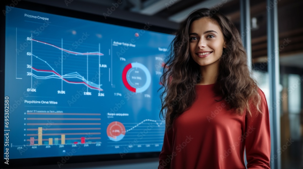 Young Businesswoman Giving Presentation Report to Business Team in the Conference Room, Shows Digital Information Graphics, Pie Charts about Company Growth