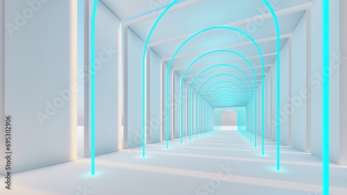 Architecture interior background lamps glowing in arch tunnel 3d render