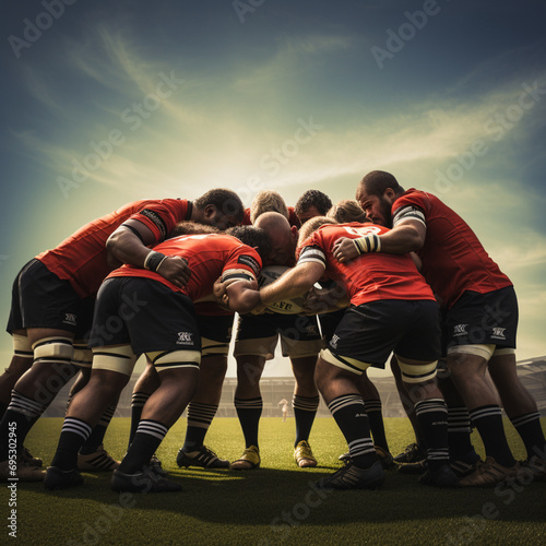 Rugby players in a scrum in a rugby match. photo