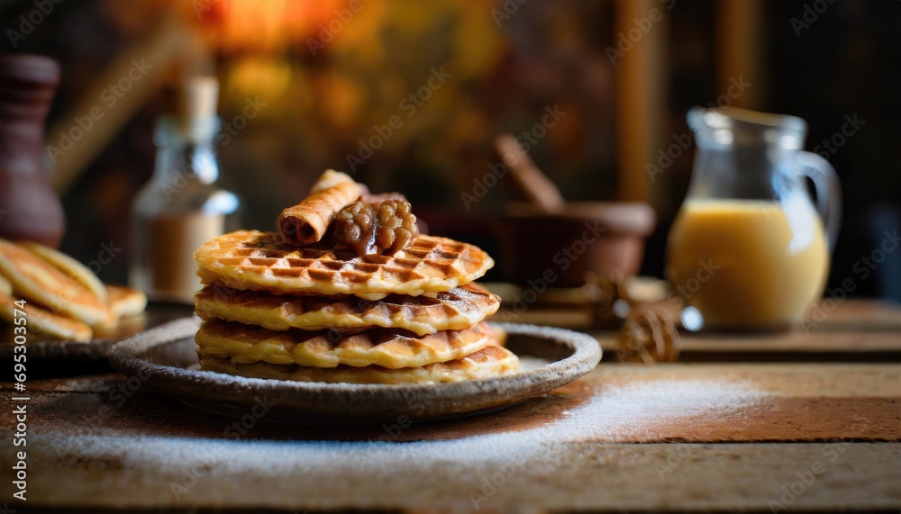 Copy Space image of Delicious viennese waffles with maple syrup drizzle and blackberry on dark brown wood background. Copy Space image of Delicious viennese waffles with maple syrup drizzle and blackberry on dark brown wood background.