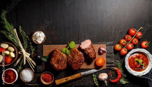 steak new York beef breeds of black Angus with herbs, garlic and butter on a wooden Board.