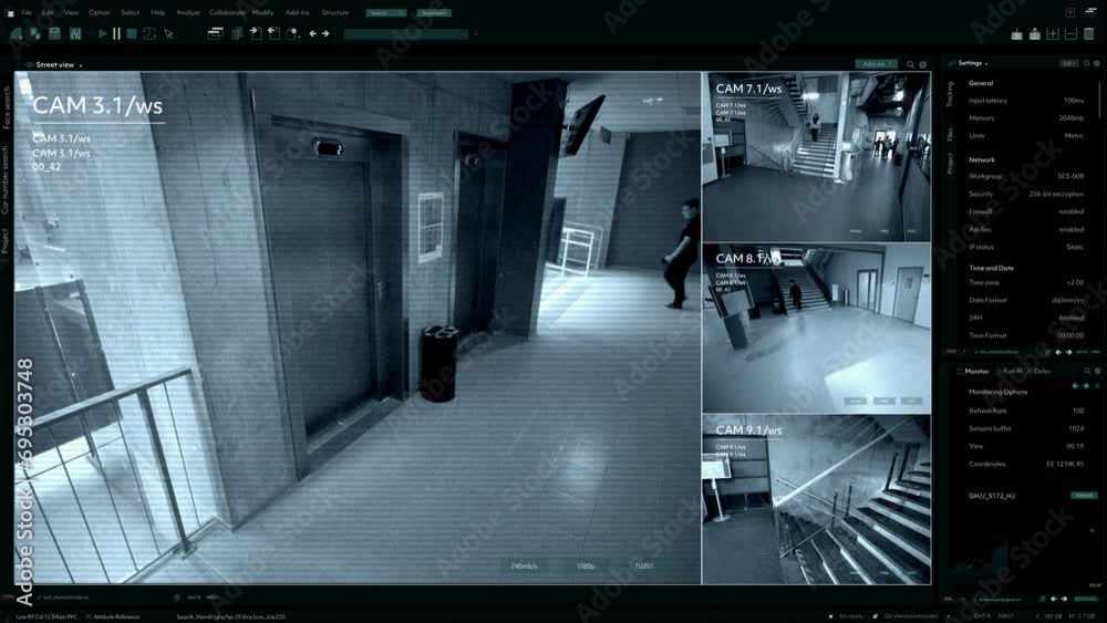 Surveillance Camera CCTV Video, Multiple Screens Show Inside Building, Unrecignizible People Walk. High-Tech Security and Data Protection Mock-up. Screen Replacement Template for Computer Displays