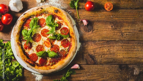 Copy Space image of Pizza Margherita on wooden background, Pizza Margarita with Tomatoes,