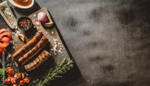 BBQ Grilled rib eye steak, fried rib eye beef meat on a plate with green salad. Dark background. © ImagineWorld