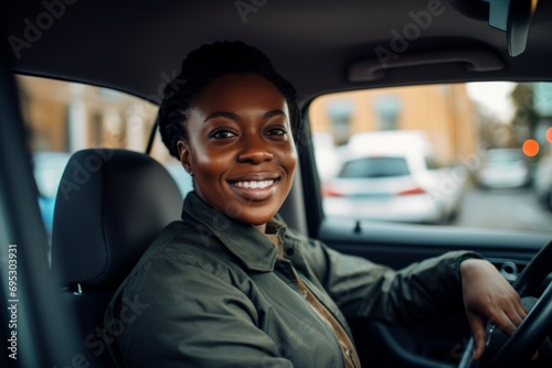 Elegant woman driver looking at backseat, smiling happy, Businesswoman talking to person in her car, driving at work. © Werckmeister