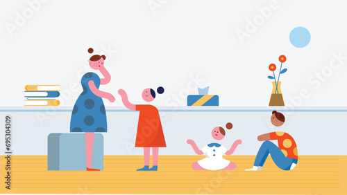 Childish psychology assist flat background with mother and her daughter at psychologist appointment vector illustration 