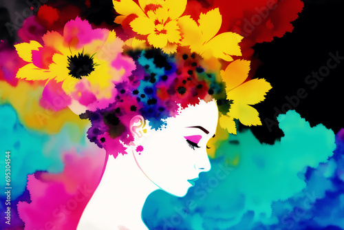 An illustration of a young woman with a colorful background and flowers. silhouette. Watercolor paint. Generative AI