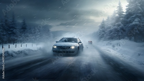 A car cautiously driving through a winter storm with icy roads  blizzard conditions  and extreme cold.