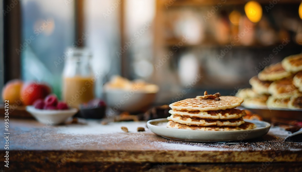 Copy Space image of  Delicious viennese waffles with maple syrup drizzle and blackberry on dark brown wood background.