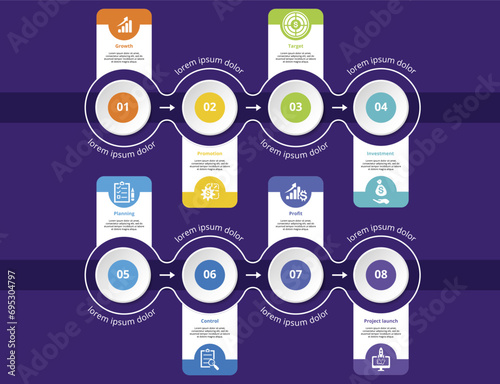 Infographics with Start Up theme icons, 10 steps. Such as growth, promotion, target, investment and more.