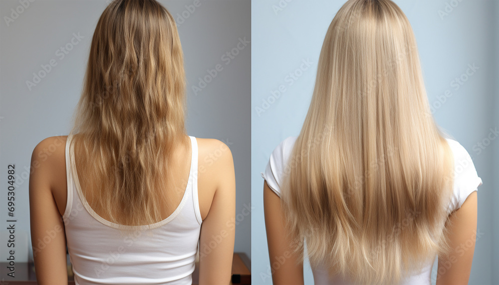 Fototapeta premium Woman before and after hair extensions on white background. Hair extension, beauty, tress, hair growth, styling, salon concept. Length and volume. Beauty hair treatment concept