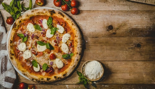 Copy Space image of Pizza Margherita on wooden background, Pizza Margarita with Tomatoes,