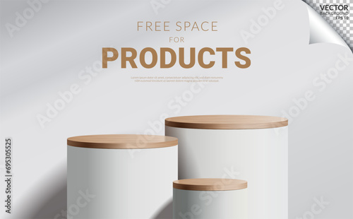 Three white podium pedestal wood top free space for home interior decoration product presentation on white background. Vector Illustration